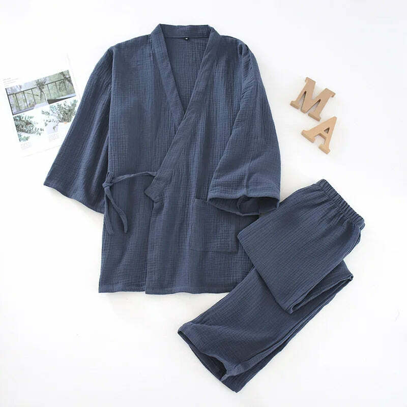 Y2K Grunge Kimono Set: 100% Cotton Pajamas, Retro 90S Couple Yukata, Loose Fit Home Service Suit Y2K Grunge Kimono Set: 100% Cotton Pajamas, Retro 90S Couple Yukata, Loose Fit Home Service Suit