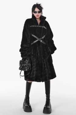 Y2K Grunge Long Black Faux Fur Coat - Retro 90S Fashion, Gothic Y2K, Party & Club Outfits