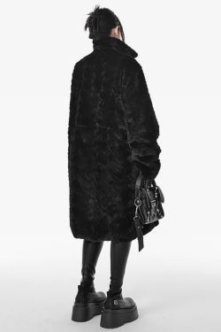 Y2K Grunge Long Black Faux Fur Coat - Retro 90S Fashion, Gothic Y2K, Party & Club Outfits