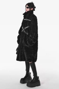 Y2K Grunge Long Black Faux Fur Coat - Retro 90S Fashion, Gothic Y2K, Party & Club Outfits