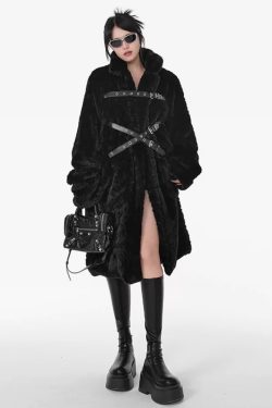 Y2K Grunge Long Black Faux Fur Coat - Retro 90S Fashion, Gothic Y2K, Party & Club Outfits