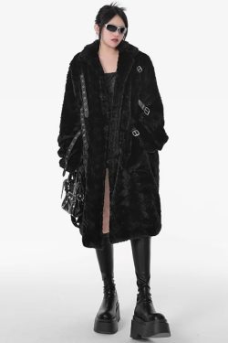 Y2K Grunge Long Black Faux Fur Coat - Retro 90S Fashion, Gothic Y2K, Party & Club Outfits