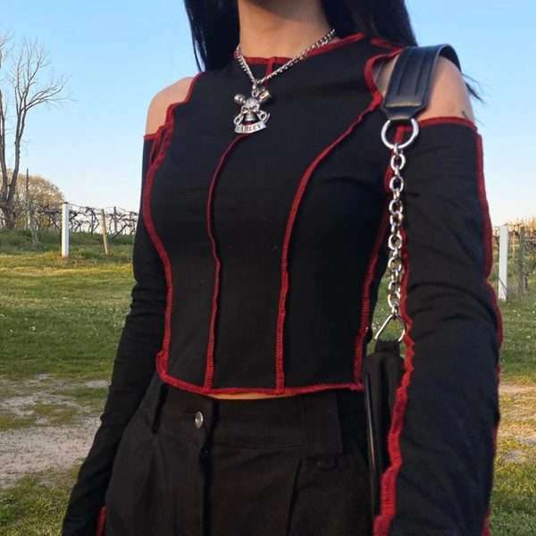 Y2K Grunge Long Sleeve Crop Top - 90S Fashion, Retro Style, Y2K Summer Outfits, Pastel Goth