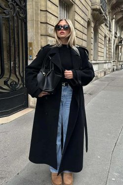Y2K Grunge Long Woolen Coat - Double Breasted, Lapel, Pockets, High Street Winter Outwear