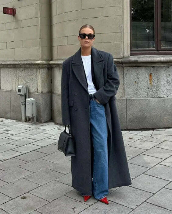 Y2K Grunge Long Woolen Coat - Double Breasted, Lapel, Pockets, High Street Winter Outwear Y2K Grunge Long Woolen Coat - Double Breasted, Lapel, Pockets, High Street Winter Outwear