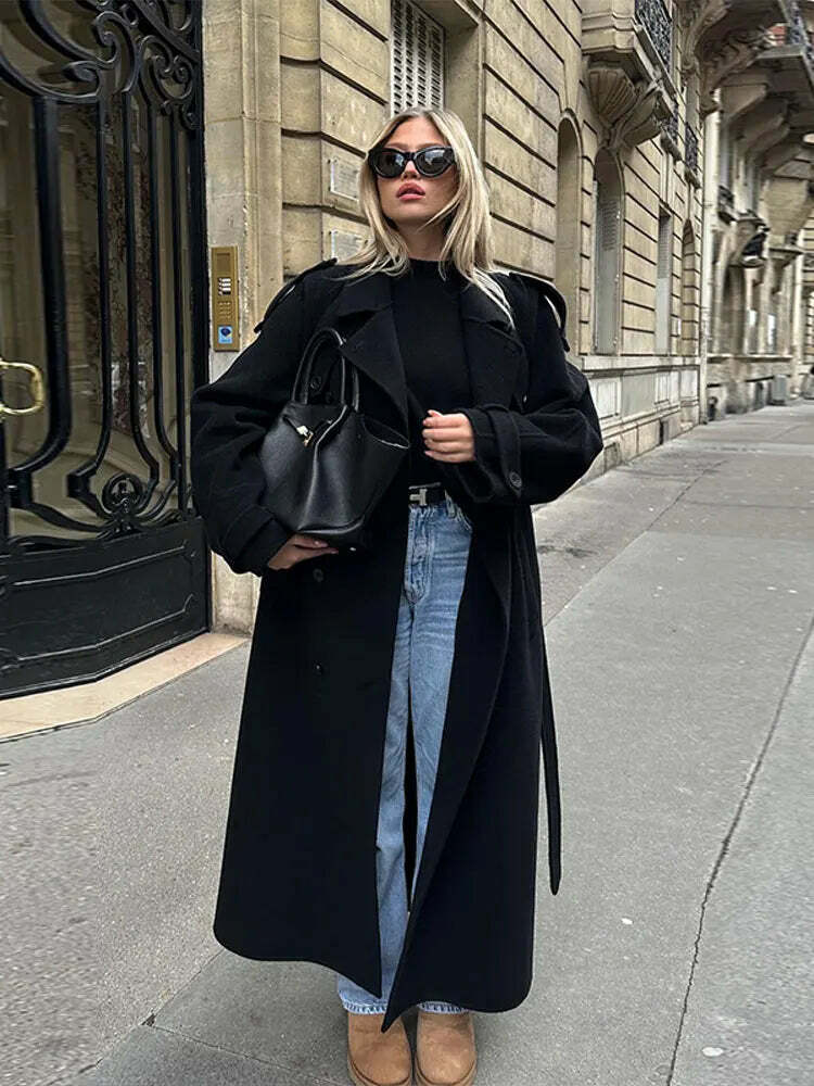 Y2K Grunge Long Woolen Coat - Double Breasted, Lapel, Pockets, High Street Winter Outwear Y2K Grunge Long Woolen Coat - Double Breasted, Lapel, Pockets, High Street Winter Outwear