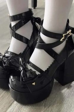 Y2K Grunge Mary Janes - Star Buckle Lolita Platform Shoes, Cute Bow-Knot Kawaii Designer Footwear