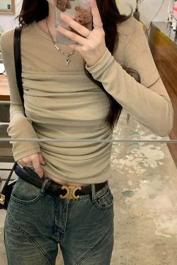 Y2K Grunge Mesh Long Sleeve Pleated Slim Fit Top - Retro 90S Korean Fashion For Women