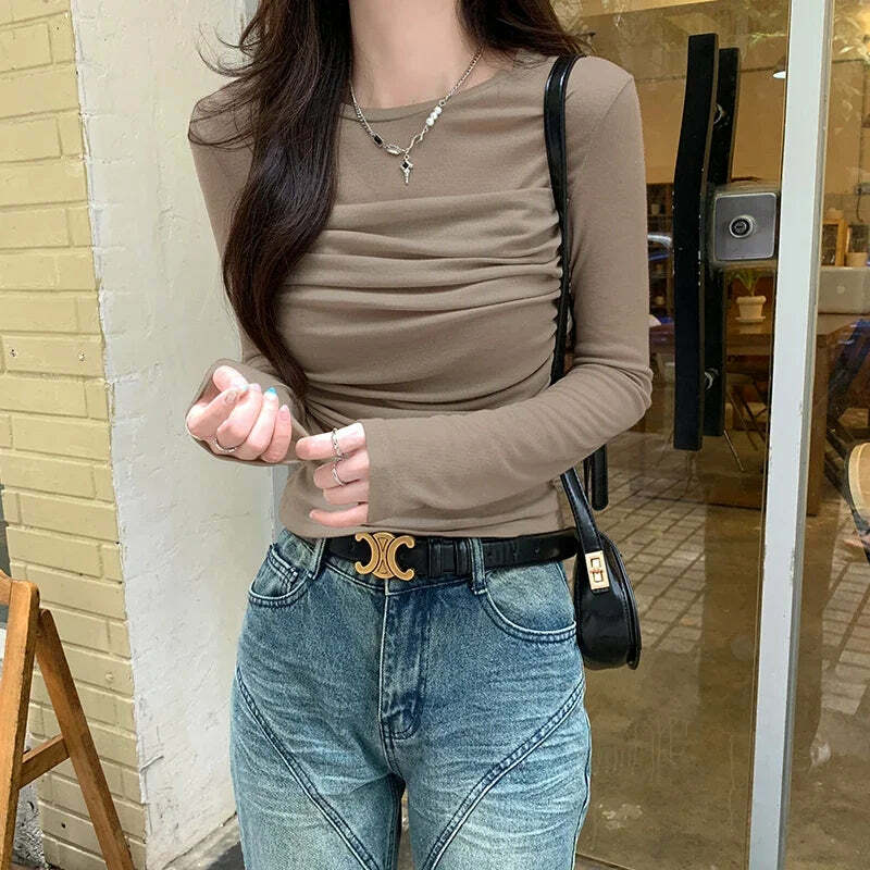 Y2K Grunge Mesh Long Sleeve Pleated Slim Fit Top - Retro 90S Korean Fashion For Women
