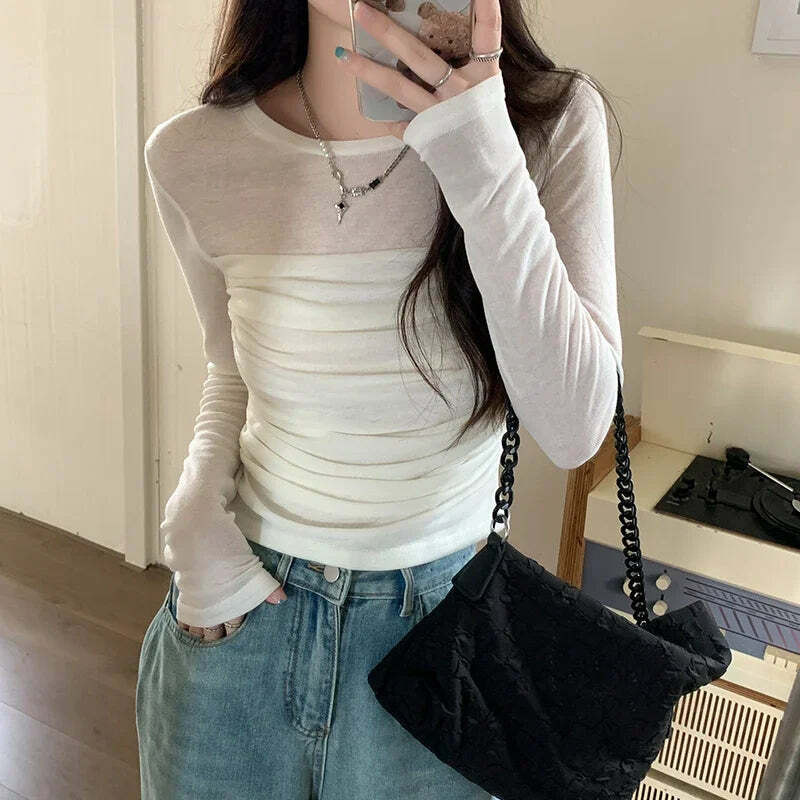 Y2K Grunge Mesh Long Sleeve Pleated Slim Fit Top - Retro 90S Korean Fashion For Women