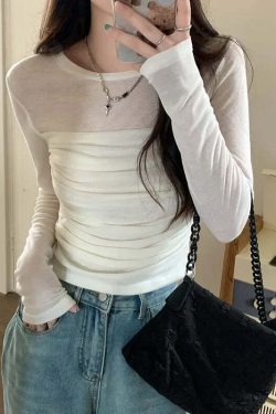 Y2K Grunge Mesh Long Sleeve Pleated Slim Fit Top - Retro 90S Korean Fashion For Women