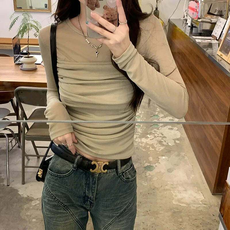 Y2K Grunge Mesh Long Sleeve Pleated Slim Fit Top - Retro 90S Korean Fashion For Women