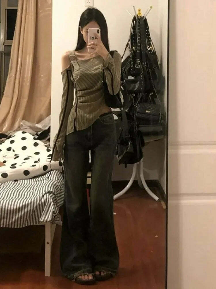 Y2K Grunge Off-Shoulder Knitted Top - Slim Hollow Out Patchwork Streetwear For Women Y2K Grunge Off-Shoulder Knitted Top - Slim Hollow Out Patchwork Streetwear For Women