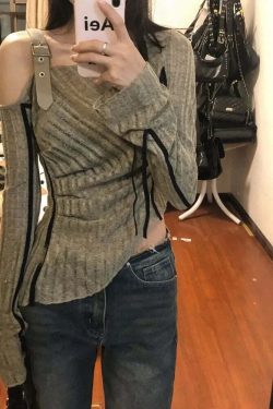 Y2K Grunge Off-Shoulder Knitted Top - Slim Hollow Out Patchwork Streetwear For Women