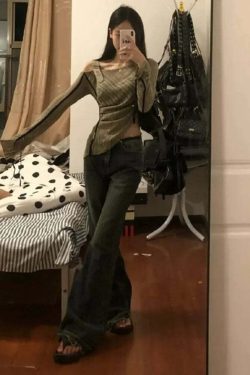 Y2K Grunge Off-Shoulder Knitted Top - Slim Hollow Out Patchwork Streetwear For Women