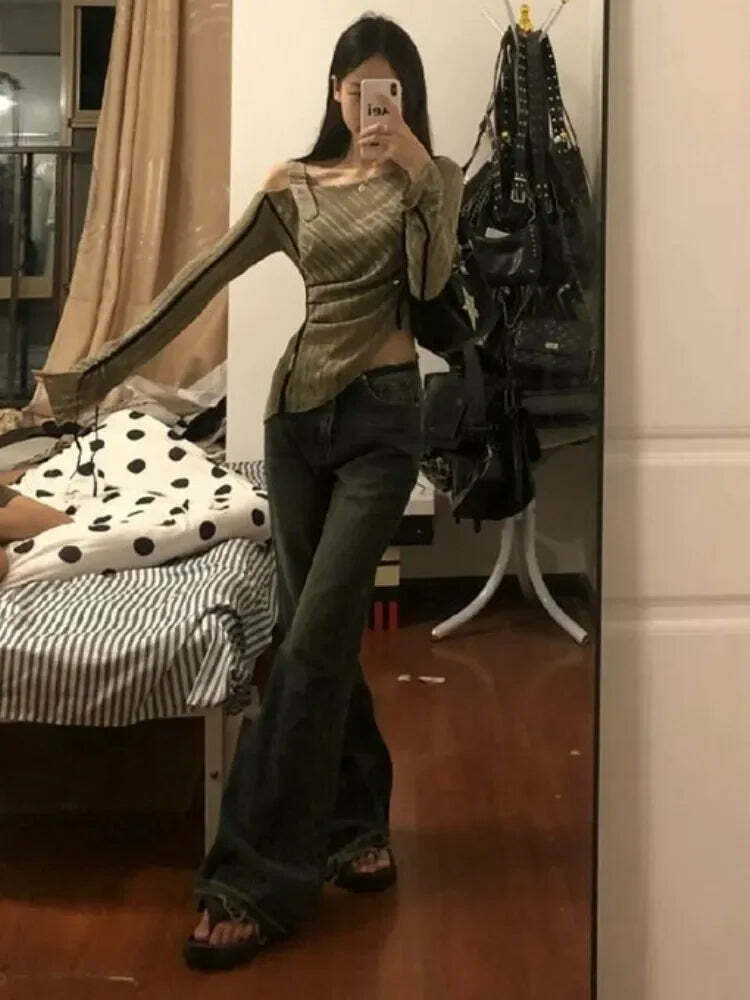 Y2K Grunge Off-Shoulder Knitted Top - Slim Hollow Out Patchwork Streetwear For Women Y2K Grunge Off-Shoulder Knitted Top - Slim Hollow Out Patchwork Streetwear For Women