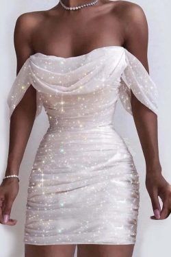 Y2K Grunge Off-Shoulder Sequin Bodycon Dress - Sexy Ruched Glitter Vintage Prom Outfit