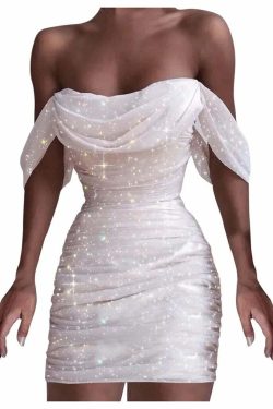 Y2K Grunge Off-Shoulder Sequin Bodycon Dress - Sexy Ruched Glitter Vintage Prom Outfit