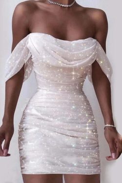 Y2K Grunge Off-Shoulder Sequin Bodycon Dress - Sexy Ruched Glitter Vintage Prom Outfit