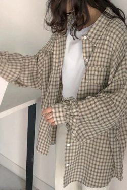 Y2K Grunge Oversized Plaid Shirt - Retro 90S Fashion, Summer Y2K Outfits, Pastel Goth Style
