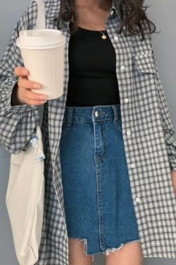 Y2K Grunge Oversized Plaid Shirt - Retro 90S Fashion, Summer Y2K Outfits, Pastel Goth Style