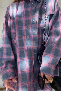Y2K Grunge Oversized Plaid Shirt - Vintage 90S Long Sleeve Loose Lapel Pocket Blouse Korean Style