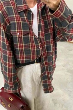 Y2K Grunge Oversized Plaid Shirt - Vintage 90S Long Sleeve Loose Lapel Pocket Blouse Korean Style