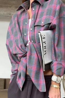 Y2K Grunge Oversized Plaid Shirt - Vintage 90S Long Sleeve Loose Lapel Pocket Blouse Korean Style