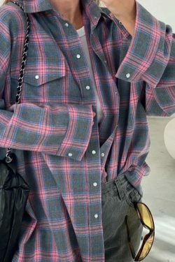 Y2K Grunge Oversized Plaid Shirt - Vintage 90S Long Sleeve Loose Lapel Pocket Blouse Korean Style