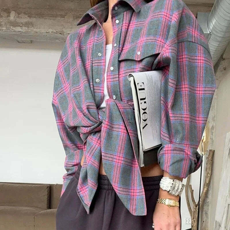 Y2K Grunge Oversized Plaid Shirt - Vintage 90S Long Sleeve Loose Lapel Pocket Blouse Korean Style Y2K Grunge Oversized Plaid Shirt - Vintage 90S Long Sleeve Loose Lapel Pocket Blouse Korean Style