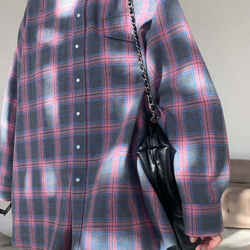 Y2K Grunge Oversized Plaid Shirt - Vintage 90S Long Sleeve Loose Lapel Pocket Blouse Korean Style Y2K Grunge Oversized Plaid Shirt - Vintage 90S Long Sleeve Loose Lapel Pocket Blouse Korean Style