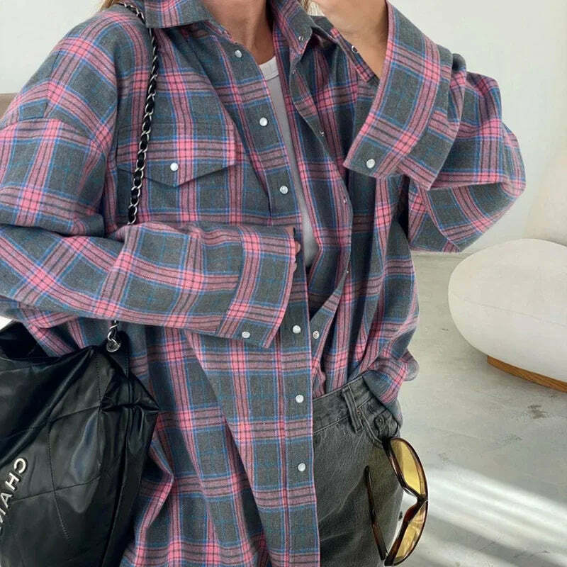 Y2K Grunge Oversized Plaid Shirt - Vintage 90S Long Sleeve Loose Lapel Pocket Blouse Korean Style Y2K Grunge Oversized Plaid Shirt - Vintage 90S Long Sleeve Loose Lapel Pocket Blouse Korean Style