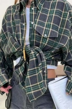 Y2K Grunge Oversized Plaid Shirt - Vintage 90S Long Sleeve Loose Lapel Pocket Blouse Korean Style