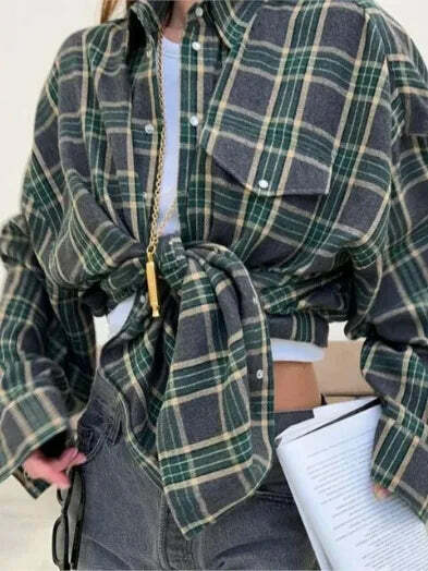 Y2K Grunge Oversized Plaid Shirt - Vintage 90S Long Sleeve Loose Lapel Pocket Blouse Korean Style Y2K Grunge Oversized Plaid Shirt - Vintage 90S Long Sleeve Loose Lapel Pocket Blouse Korean Style