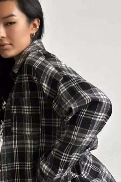 Y2K Grunge Oversized Plaid Shirt - Vintage 90S Long Sleeve Loose Lapel Pocket Blouse Korean Style