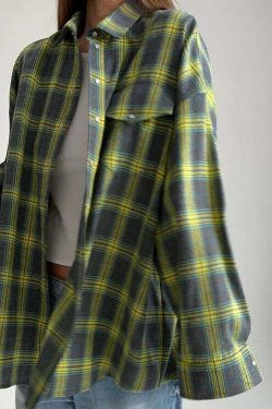 Y2K Grunge Oversized Plaid Shirt - Vintage 90S Long Sleeve Loose Lapel Pocket Blouse Korean Style