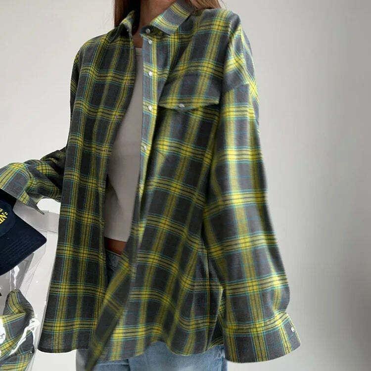 Y2K Grunge Oversized Plaid Shirt - Vintage 90S Long Sleeve Loose Lapel Pocket Blouse Korean Style Y2K Grunge Oversized Plaid Shirt - Vintage 90S Long Sleeve Loose Lapel Pocket Blouse Korean Style