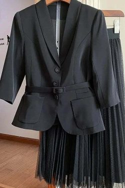 Y2K Grunge Oversized Two-Piece Set: Long Coat Suit & Mesh Skirt With Belt - Retro 90S Fashion