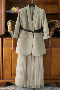 Y2K Grunge Oversized Two-Piece Set: Long Coat Suit & Mesh Skirt With Belt - Retro 90S Fashion