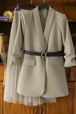 Y2K Grunge Oversized Two-Piece Set: Long Coat Suit & Mesh Skirt With Belt - Retro 90S Fashion