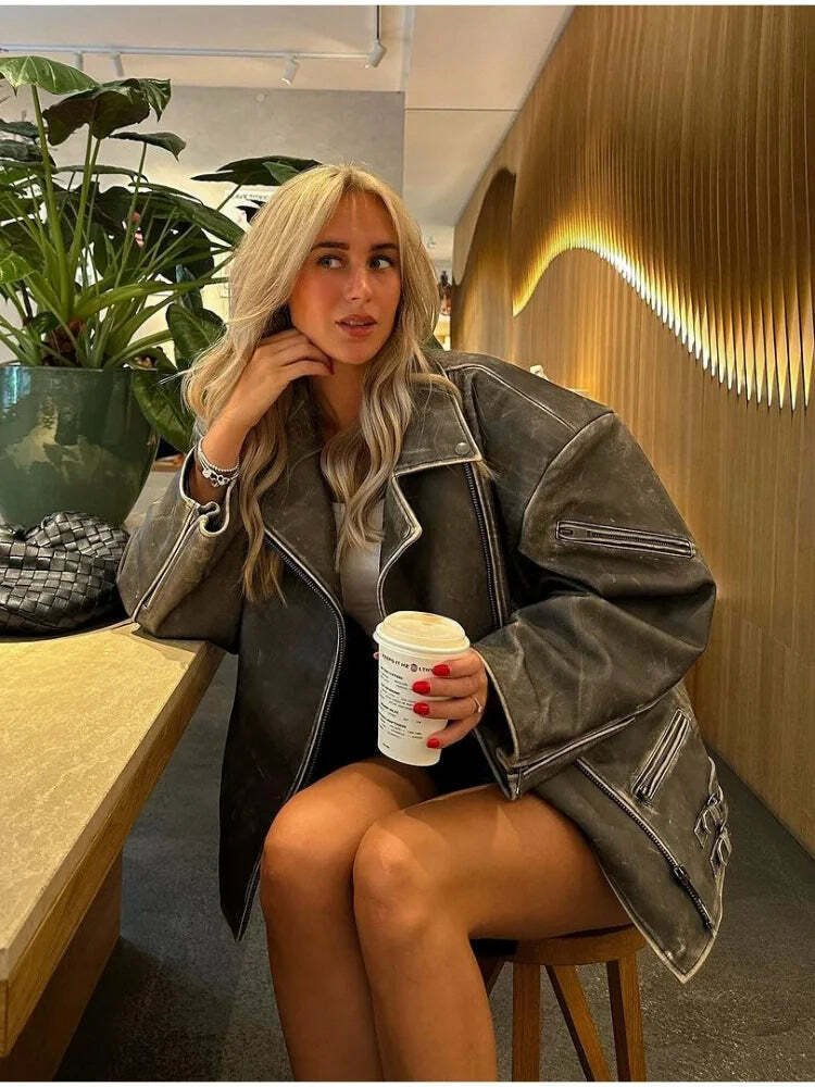 Y2K Grunge Patchwork Leather Jacket - Chic Lace-Up Crop Coat, Vintage 90S High Streetwear Y2K Grunge Patchwork Leather Jacket - Chic Lace-Up Crop Coat, Vintage 90S High Streetwear