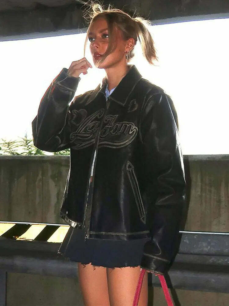 Y2K Grunge Patchwork Leather Jacket - Chic Lace-Up Crop Coat, Vintage 90S High Streetwear Y2K Grunge Patchwork Leather Jacket - Chic Lace-Up Crop Coat, Vintage 90S High Streetwear