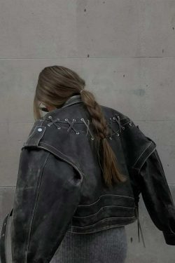 Y2K Grunge Patchwork Leather Jacket - Chic Lace-Up Crop Coat, Vintage 90S High Streetwear