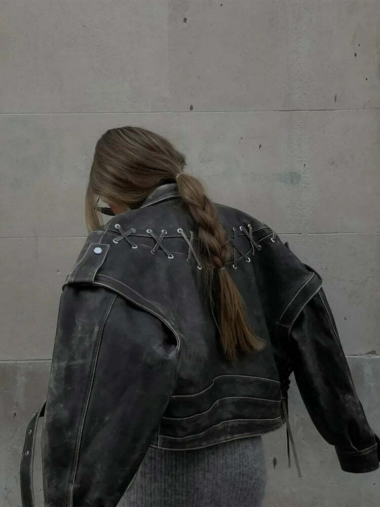 Y2K Grunge Patchwork Leather Jacket - Chic Lace-Up Crop Coat, Vintage 90S High Streetwear Y2K Grunge Patchwork Leather Jacket - Chic Lace-Up Crop Coat, Vintage 90S High Streetwear