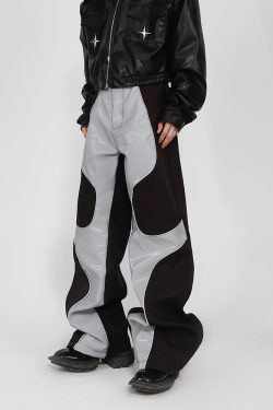 Y2K Grunge Patchwork Leather Pants - Retro 90S Fashion, Summer Y2K Outfits, Gothic Y2K Style