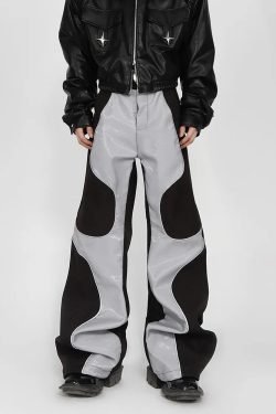 Y2K Grunge Patchwork Leather Pants - Retro 90S Fashion, Summer Y2K Outfits, Gothic Y2K Style