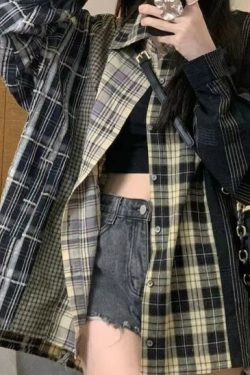 Y2K Grunge Patchwork Plaid Long Sleeve - Retro 90S Summer Outfit, Gothic Y2K Fashion