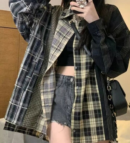 Y2K Grunge Patchwork Plaid Long Sleeve - Retro 90S Summer Outfit, Gothic Y2K Fashion Y2K Grunge Patchwork Plaid Long Sleeve - Retro 90S Summer Outfit, Gothic Y2K Fashion