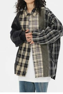 Y2K Grunge Patchwork Plaid Long Sleeve - Retro 90S Summer Outfit, Gothic Y2K Fashion