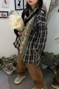 Y2K Grunge Patchwork Plaid Long Sleeve - Retro 90S Summer Outfit, Gothic Y2K Fashion